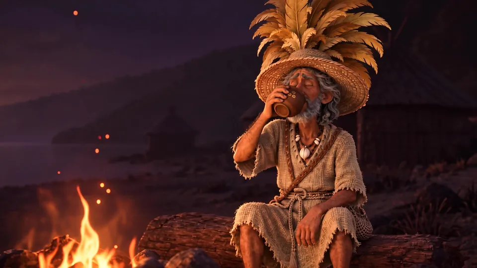 An old man drinks by a fire at night, from The Three Lights.