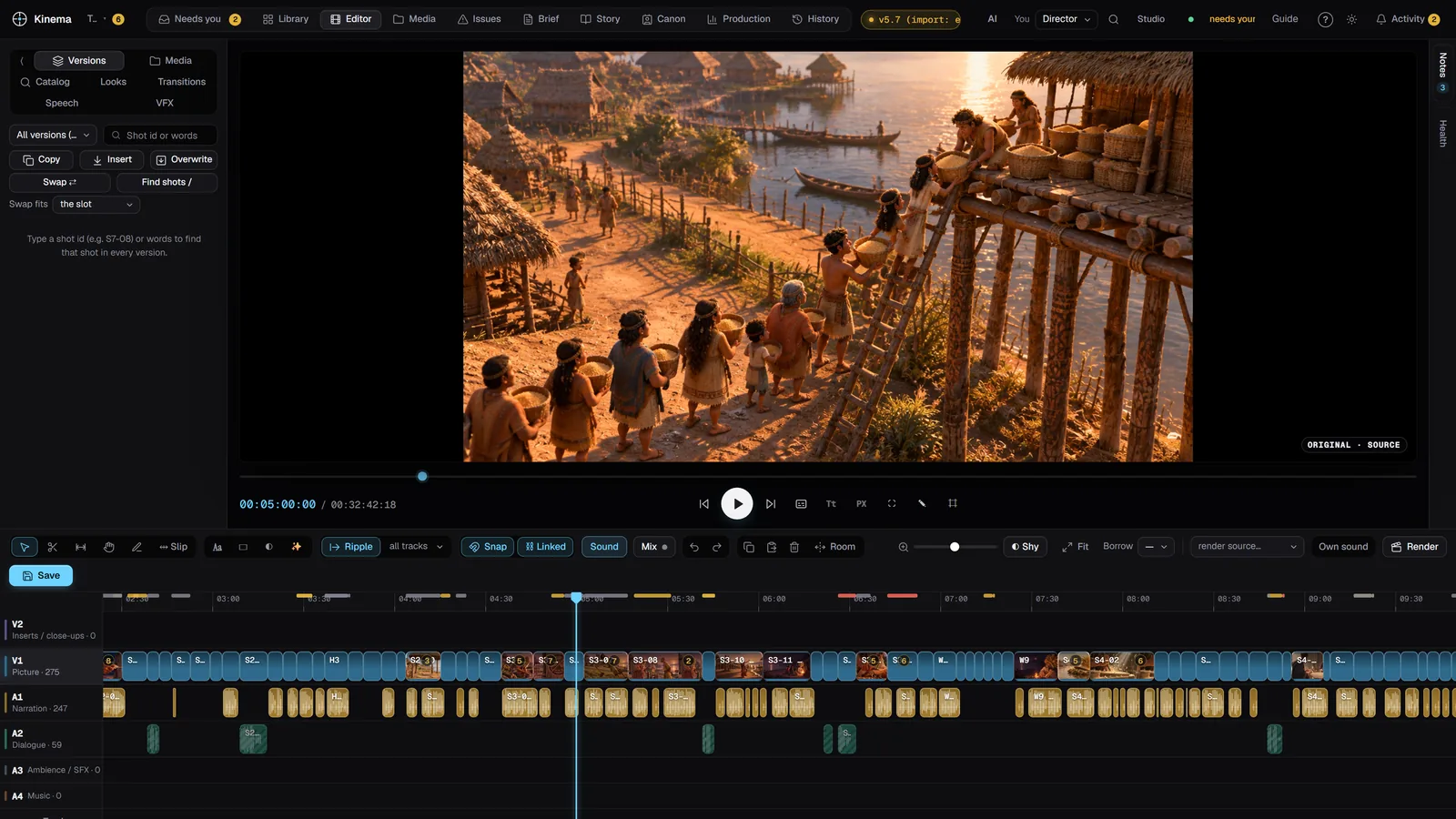 The Kimena editor open on The Three Lights: library, viewer, timeline and notes on one screen.